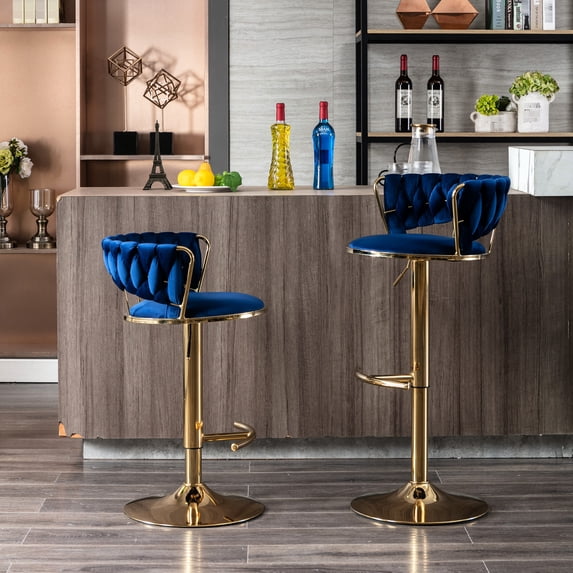 Of 2 Bar Stools, Blue Velvet Look, Golden Legs, Footrest And Base, Adjustable Height By Mechanical Lifting Facility Fabric Seat, & Via Mechanism