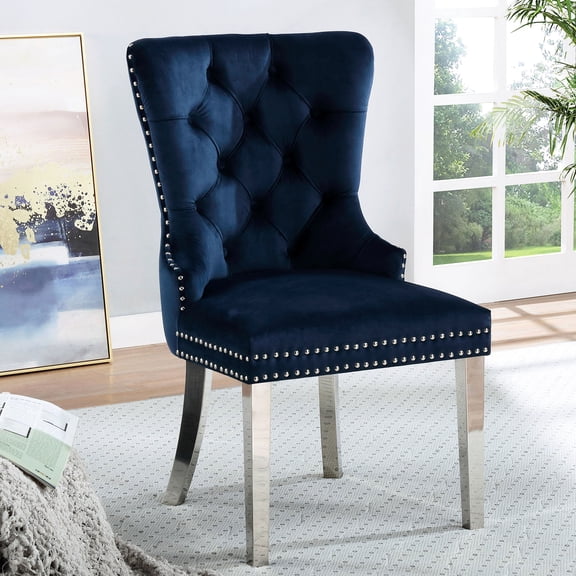 Of 2 Blue Flannelette Wingback Dining Chairs - Back With Legs And Nailhead Trim (2pc ) Button Fine
