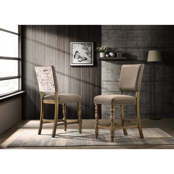 Of 2 Rustic Counter Height Dining Chairs In Driftwood Finish With Attractive Script Pattern And Microfiber Seat 2 - Printed Back