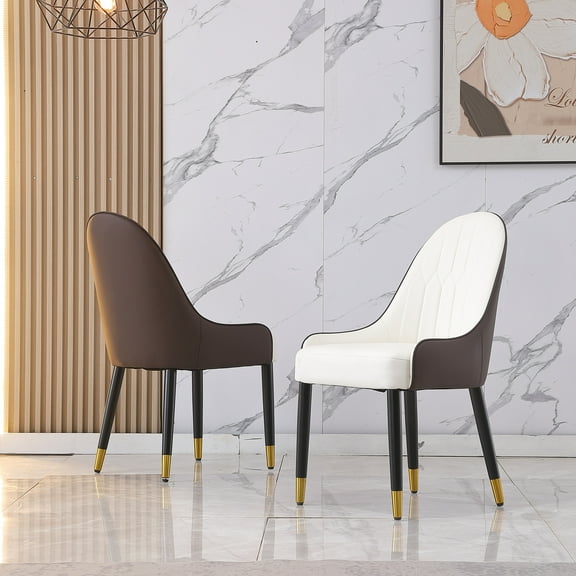 Of 2 Elegant Pu Leather Dining Seats - White & Brown, Metal Leg Modern Chair (2) Wear-