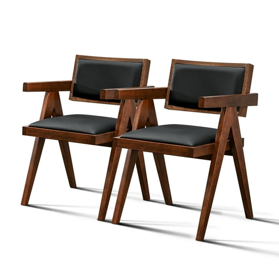 Of 2 Mid Century Modern Dining Chairs, Solid Wood And Black Vegan Leather Harmony Chairs (pair) - Arms