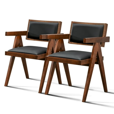 Of 2 Mid Century Modern Dining Chairs, Solid Wood And Black Vegan Leather Modernity - Upholstered Chairs