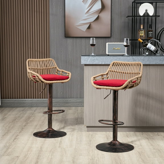 Of 2 Modern Bar Stools In Red, Adjustable With Footrest For Kitchen & Dining, Robust Metal Base, 250lb Capacity, Linen Seat Cover Cushion Red 2, Pad