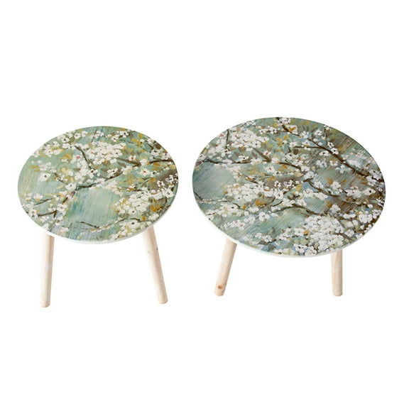 Of 2 Nature Inspired Side Tables - , White + Blue Painted Cherry Blossom Tops, Accent For Living Room, Bedroom, Foyer Decor Tops In Color,