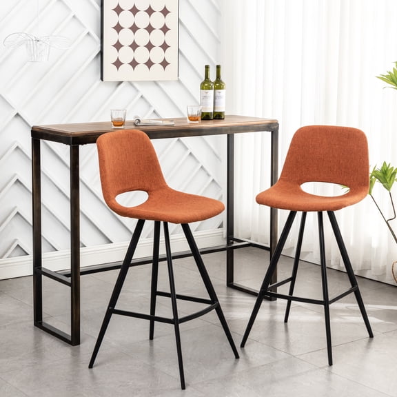 Of 2 Orange Fabric Kitchen 28.25" Counter Height Stools, Featuring Delicate Chair Upholstery And Metal Legs 2, Seats With Textile Supports