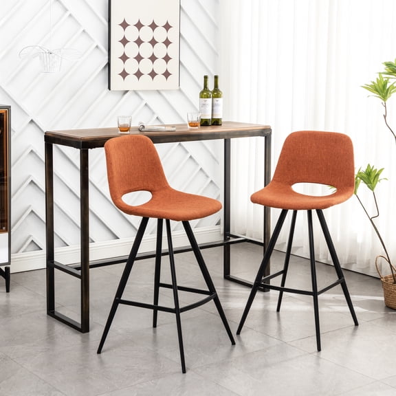 Of 2 Orange Fabric Kitchen 28.25" Counter Height Stools, Featuring Ergonomic Back And Metal Legs With Chair Seat