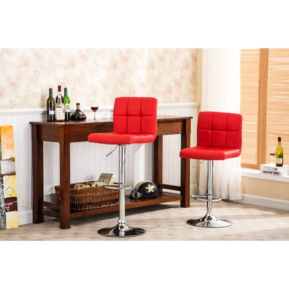 Of 2 Red Swivel Hydraulic Bar Stools - Faux Leather Upholstered Seat With Comfort Foam And Stable Chromed Base 2 For Long-lasting Use