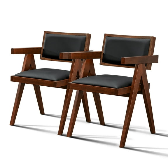 Solid Wood Mid Century Modern Chairs ( Of 2) - Black Vegan Leather Trimmed