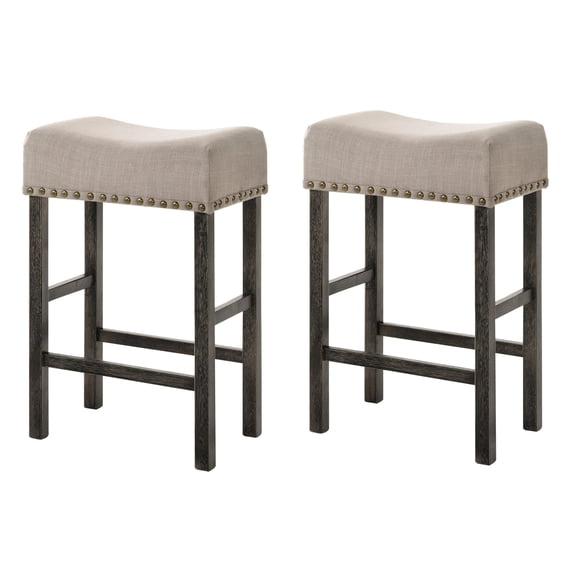 Of 2 Tan Linen Counter Chairs - Wooden Legs In Weathered Grey Finish For Dining Height Seats Backless With Home