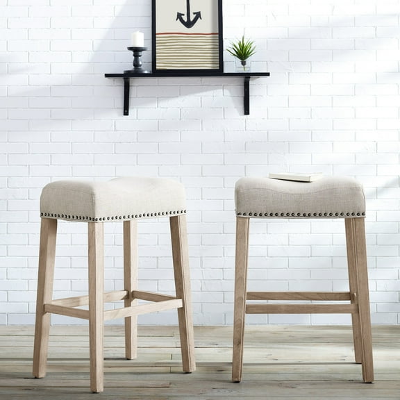 Of 2 Tan Upholstered Backless Saddle Seat 29" Bar Stools - Upholstery, Genuine Wood With Weathered Look For Residence In Blend, Grain Finish Home