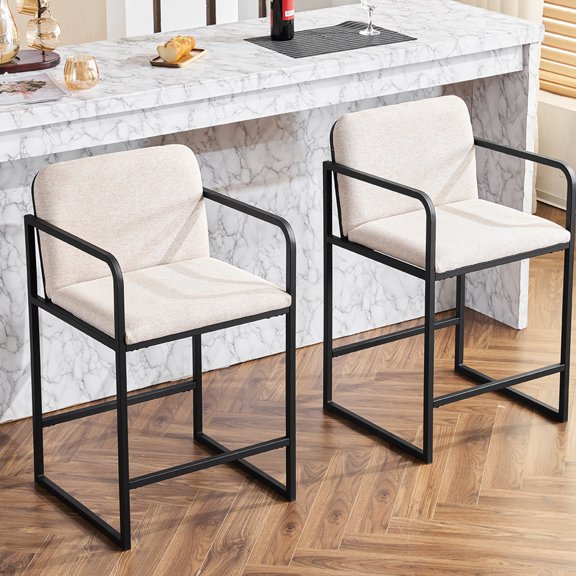 Of 2 Upholstered Counter Height Bar Stools With , Beige Seat And Metal Support For Dining Room, Home Bar, Kitchen Stylish Fabric Frame Island Use