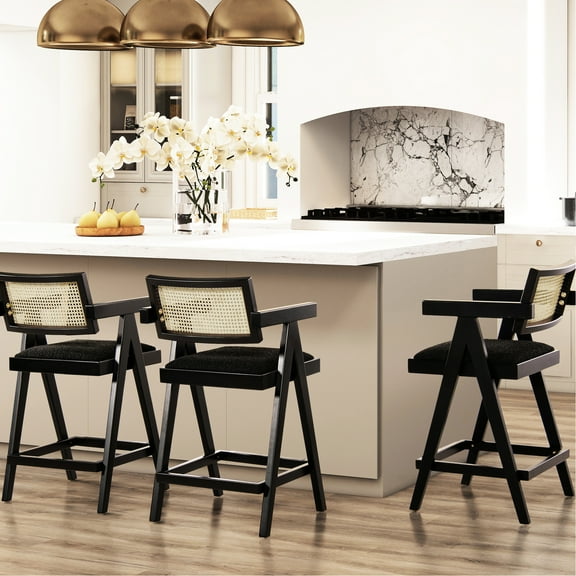 Of 3 Modern Ebony Black Boucle Arm Stools. Resin Webbing Back, Ergonomic Mid-back Comfort, Resin, Protected Footrest Support Bar Stools With Arms,