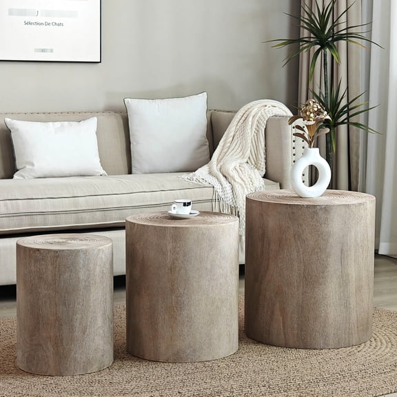 Of 3 Rustic Wood Coffee Tables, Polished Surface For Living Room Pcs Natural End Tables With Clear Rings, Classic Area