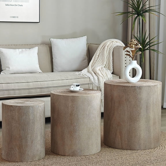 Of 3 Rustic Wood Coffee Tables With Clear Grain, Versatile For Living Room Pcs Natural End Tree Rings, Bedroom