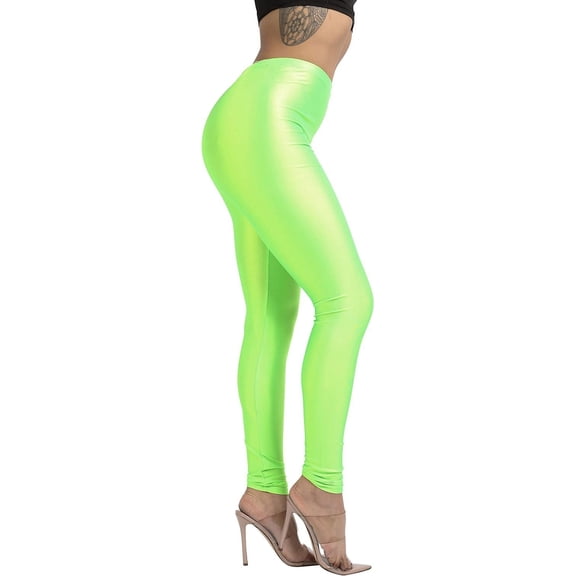 Ofenti Shiny Leggings for Women High-Waist Neon Tights for Parties & Raves, 1X Neon Lime