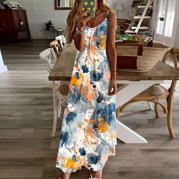 Ofertas De Hoy En Walmart Plus Size Womens Clothes Female Dresses Sleeveless Spaghetti Strap Maxi Dress Floral Boho Summer Dresses Casual Flowy Dresses Beach Vacation Sundress Deals of the Week