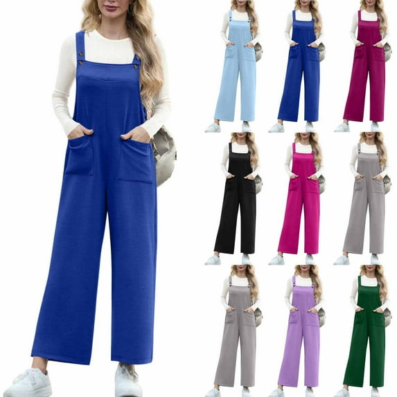 Ofertas Del Dia de Hoy Relampago, JURANMO Jumpsuits for Women Loose Wide Leg Bib Overalls Solid Casual Long Rompers Summer Casual One Piece Pants with Pockets Vacation Outfits Purple XL