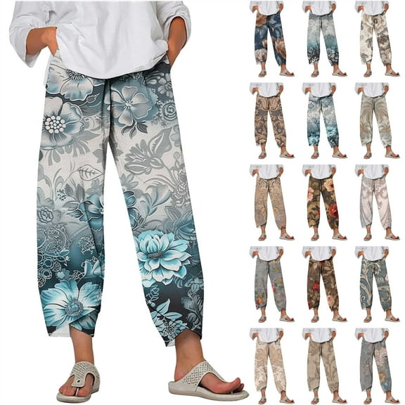 Ofertas Del Dia de Hoy Relampago! QATAINLAV Wamen Plus Size Capri Pants 2025 Summer Linen Petal Hem Crop Pant Beach Vacation Clothes Floral Printed Casual Elastic Waist Capris Multicolor XL