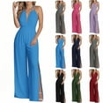thumbnail image 1 of Ofertas Del Dia de Hoy Relampago! QATAINLAV Women's Elegant Open Back Jumpsuits Dressy Pleated Halter V Neck Sleeveless Wide Leg Pants Side Split Onesie Pants Sky Blue XL, 1 of 7