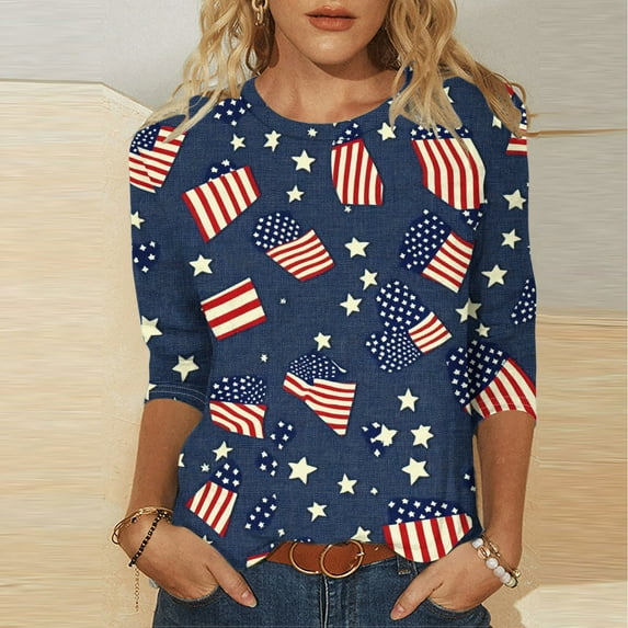 Ofertas En Walmart 4Th of July Shirts for Women 3/4 Sleeve American Flag Shirt Usa Patriotic T-Shirt Stras Striped Summer Fashion Tops Tunic Crew Neck Blouses Clearance Today Prime