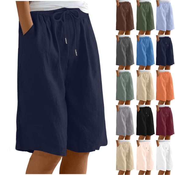 Ofertas Flash Del Dia! QATAINLAV Womens Knee Length Wide Leg Linen Shorts Casual Drawstring Elastic Waist Bermuda Shorts Summer Solid Baggy Short Pants Beach Vacation Outfits Beige S