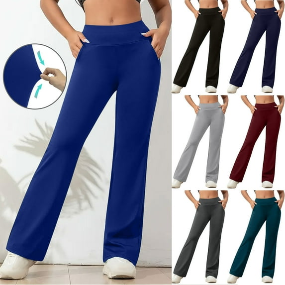 Ofertas Flash Del Dia! QATAINLAV Yoga Pants for Women with Pockets Loose Fit Straight Leg Flare Pants Solid Color High Waisted Stretchy Work Trousers Black XL