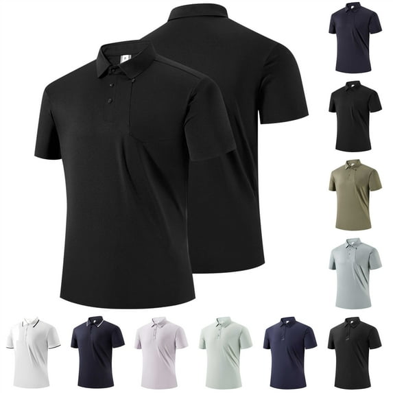 Ofertas Flash Del Dia! lcziwo Mens Lightweight Polos Shirts Moisture Wicking Quick-Dry Workout Tops Solid Color Casual Collared Golf Shirt Slim Fit Summer Tees Black XXXL