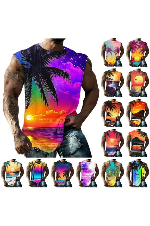 Ofertas Relampago de Hoy! BiZtdJrK Summer Beach Tank Top for Men Hawaiian Palm Tree Print Sleeveless Muscle Basic Tee Vacation Tops Dark Blue L