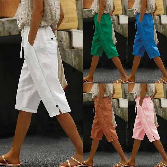 Ofertas de Hoy en Liquidación! QATAINLAV Linen Capri Pants for Women Casual Side Slit Button Trim Capris Summer Drawstring Elastic Waist Knee Length Beach Shorts with Pockets Orange S