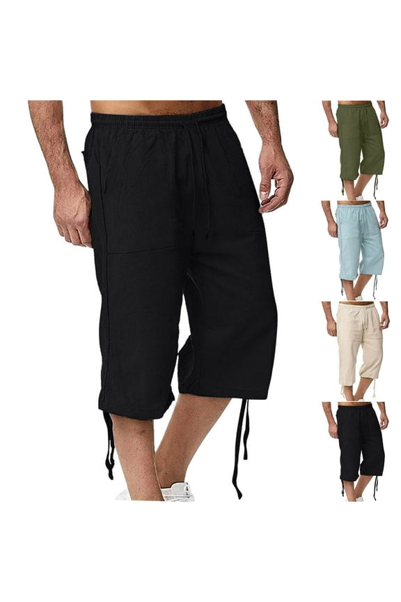Ofertas del dÃa DDAPJ pyju Mens 3/4 Cargo Pants Lightweight Outdoor Hiking Work Pants Elastic Waist Drawstring Capri Pants with Multi Pockets Light Blue XXXL