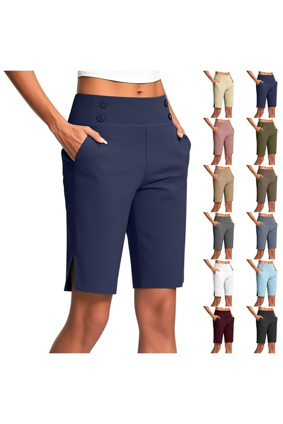 Ofertas en Walmart! QATAINLAV Bermuda Shorts for Women Stretchy High Waisted Side Slits Straight Leg Shorts Solid Casual Knee Length Cropped Pants with Pockets White S