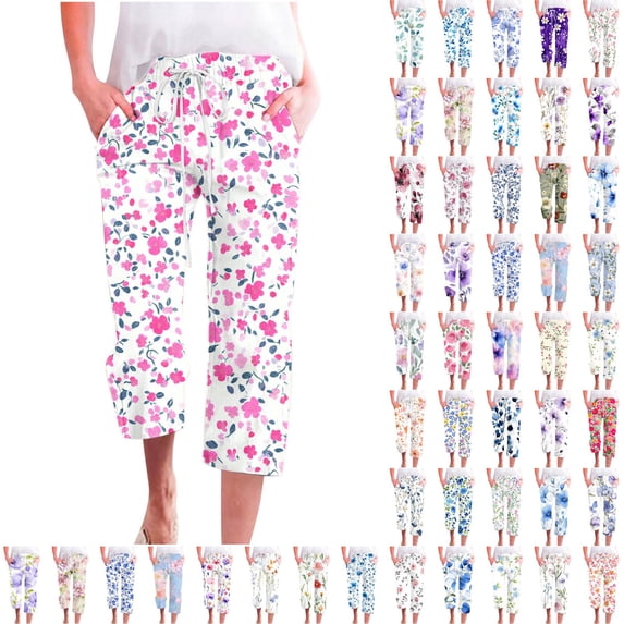 Ofertas Relampago de Hoy QATAINLAV Summer Drawstring Linen Capris Pants for Women 2025 Casual Petite Ladies Lounge Pants Baggy Straight Leg Cropped Trousers Multicolor M