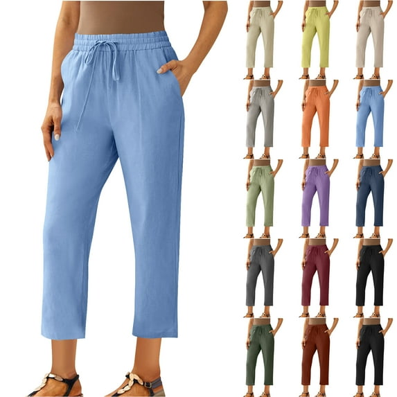 Ofertas en Walmart! QATAINLAV Summer Cotton Linen Straight Leg Crop Trousers for Women Drawstring Elastic Waist Loose Beach Travel Pant wiht Pockets Wine M