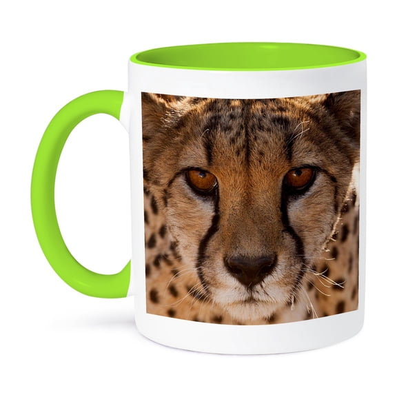 3dRose, Off-center close-up of a cheetah. Cheetah Conservation Fund, Namibia., 11oz Two-Tone Green Mug