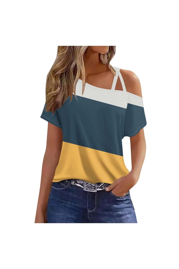 Off One Shoulder Tops for Women Summer Color Block Cold Shoulder T Shirts Vacation Casual Loose Basic Blouses (M, Navy)