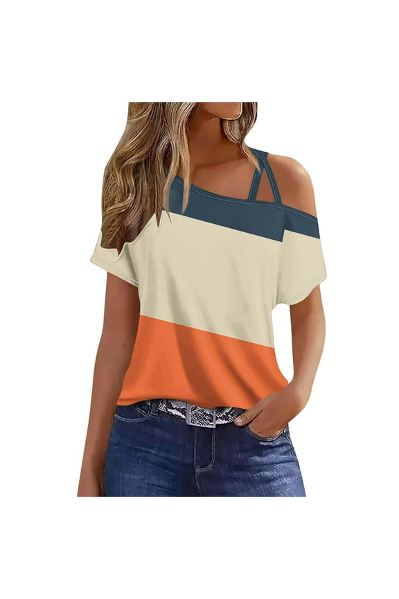 Off One Shoulder Tops for Women Summer Color Block Cold Shoulder T Shirts Vacation Casual Loose Basic Blouses (M, Orange)