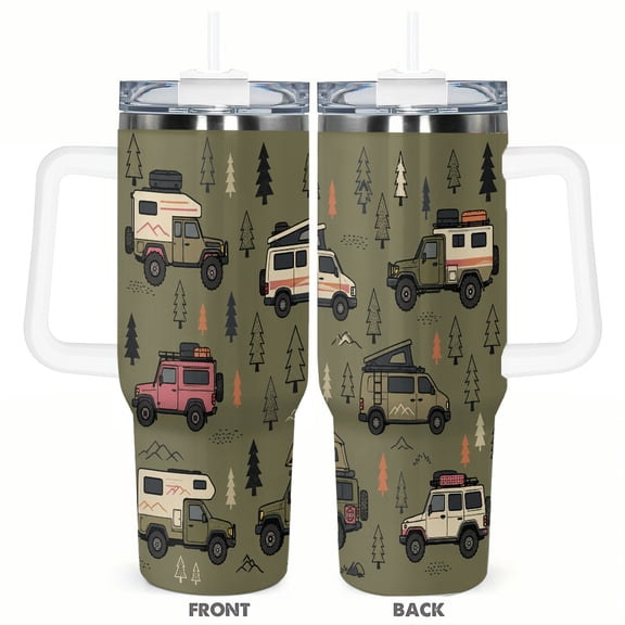 Off Road Adventure Camper Van SUV Pattern Travel Tumbler 40oz Outdoor Camping 4x4 Vehicle Scenic Forest Insulated Travel Cup with Handle
