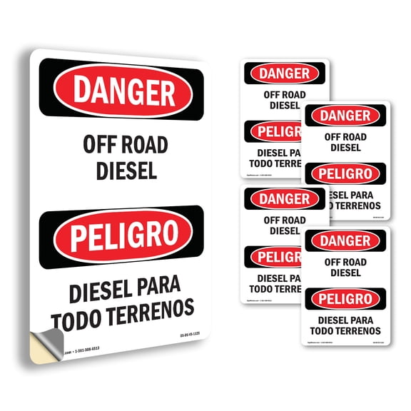 Off Road Diesel Bilingual OSHA Danger Vinyl Decal Label 18 Inch x 12 Inch - 5 Pack