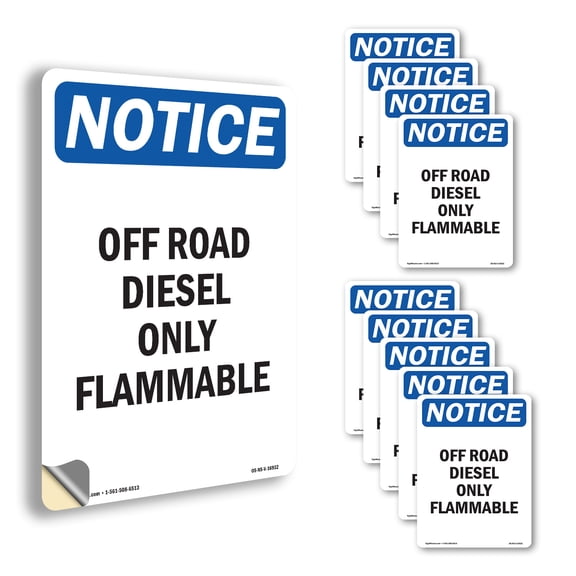 Off Road Diesel Only Flammable OSHA Notice Vinyl Decal Label 10 Inch x 7 Inch - 10 Pack