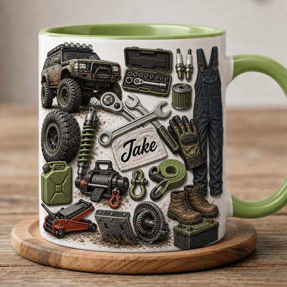 Off Road Mechanic Mug Accent Mug, 4x4 Repair Gift for Jeep Truck Garage Guys 2D flat not 3D, Accent Mug, Father Days Gift, Gif For Dad, Mug For Daddy