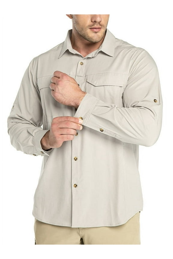 Mens Long Sleeve Safari Shirt Upf 50 Sun Protection Quick Dry Lightweight Button Down Hiking Shirt for Camping Fishing
