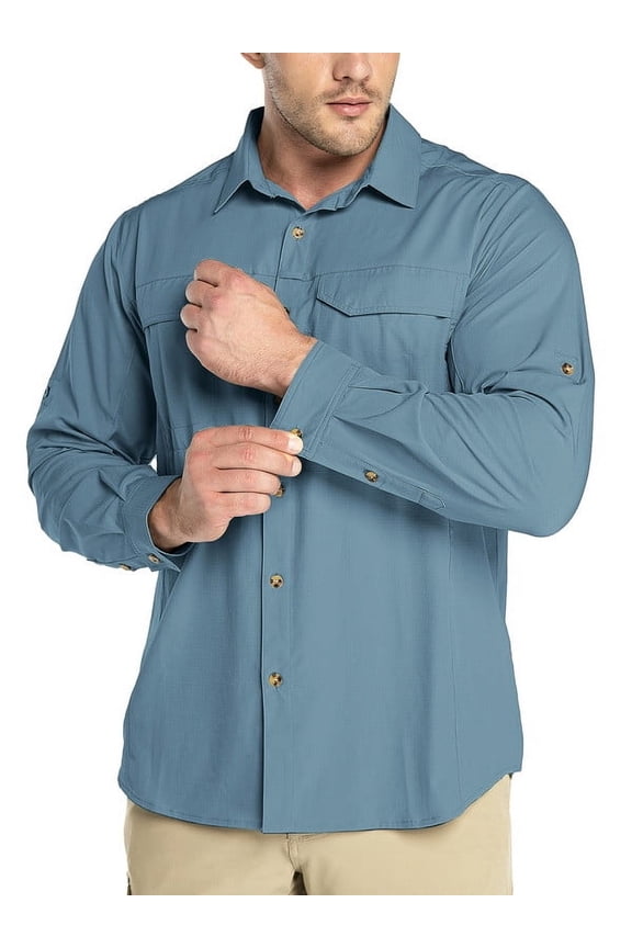 Mens Long Sleeve Safari Shirt Upf 50 Sun Protection Quick Dry Lightweight Button Down Hiking Shirt for Camping Fishing
