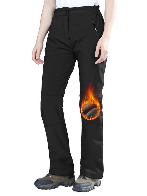 Women's Fleece Lined Hiking Pants Softshell Waterproof Elastic Waist Snow Ski Pants with Zipper Pockets Outdoor