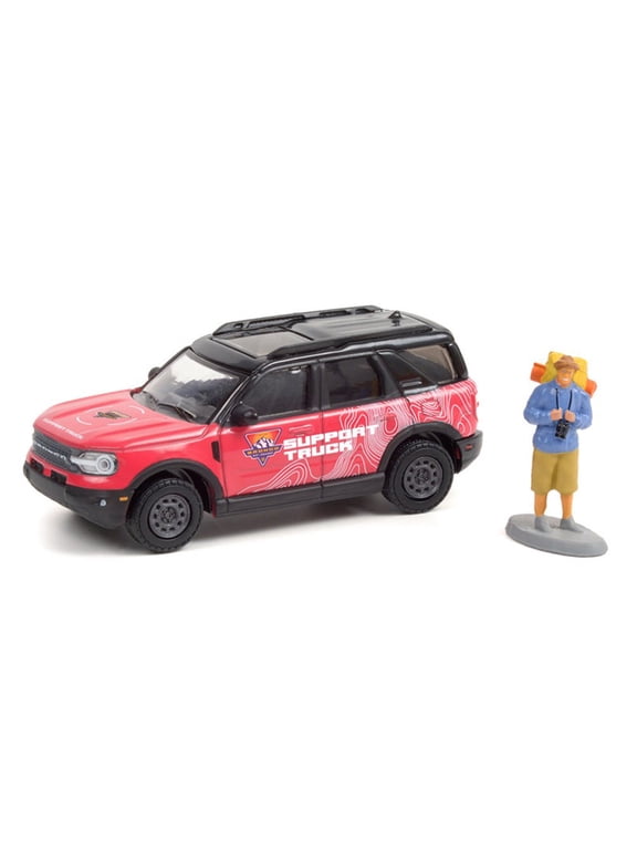 Off-Roadeo Adventure Support Truck 2021 Ford Bronco Sport Badlands with Backpacker, Red - Greenlight 97110F/48 - 1/64 scale Diecast Model Toy Car