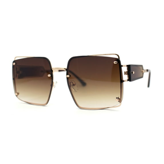 Off Set Rimless Retro Mobster Unique Side Lens Rectangle Sunglasses Gold Brown