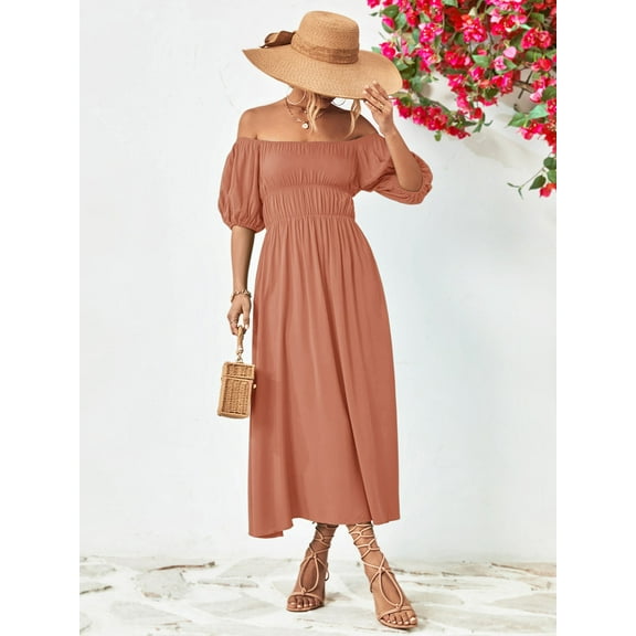 Off-Shoulder Balloon Sleeve Midi Dress
