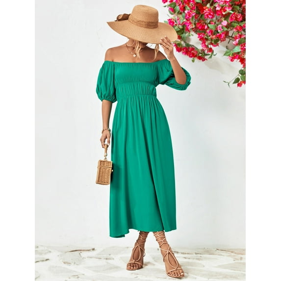 Off-Shoulder Balloon Sleeve Midi Dress
