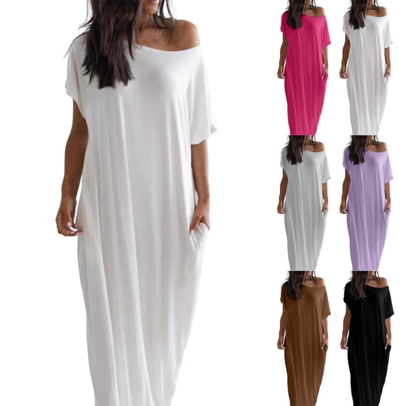 Off-Shoulder Batwing Sleeve Maxi Dress, Women's Loose Lounge Nightdress, Casual Comfy Sleepwear Hot Pink S