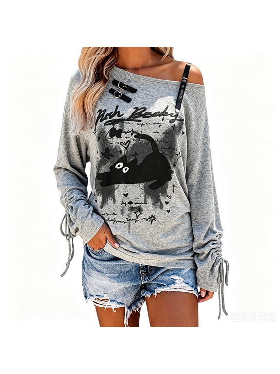 Off Shoulder Batwing Tops For Women, Asymmetrical Loose Graphic Tunic, Goth Y2k Harajuku Shirt, Women Cute Summer Going Out Casual Tops