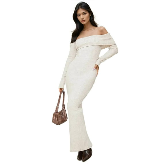 Off Shoulder Bodycon Maxi Rib Dress